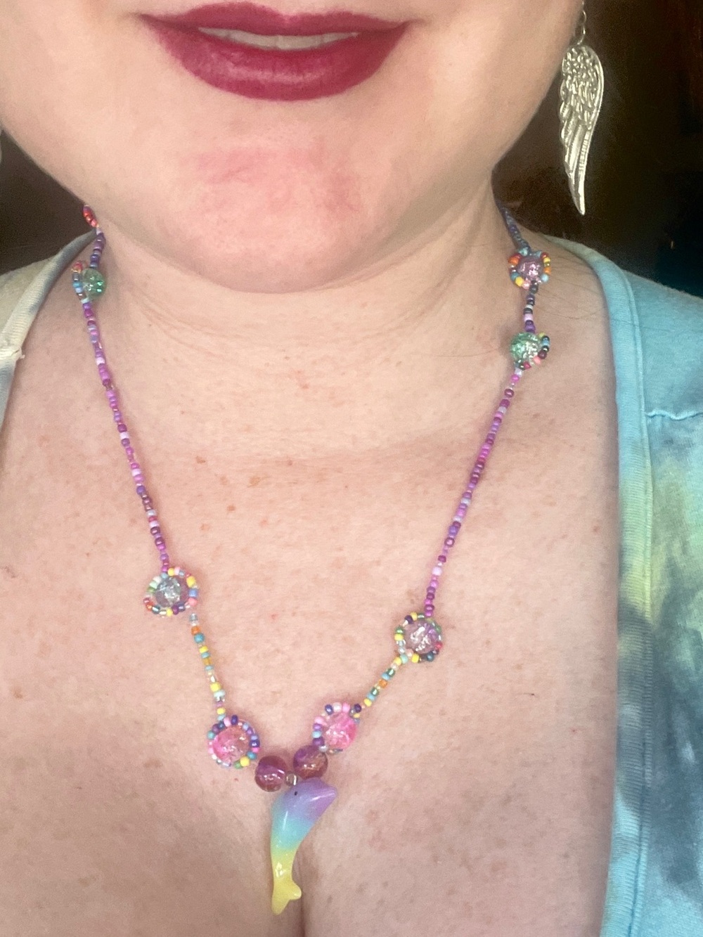 Handmade Multicolor Sparkling Beaded Necklace with Rainbow Dolphin Pendant